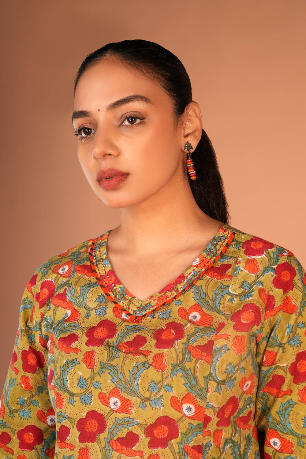 Image of Vermillion red cotton hand block printed Kurta and Dupatta set